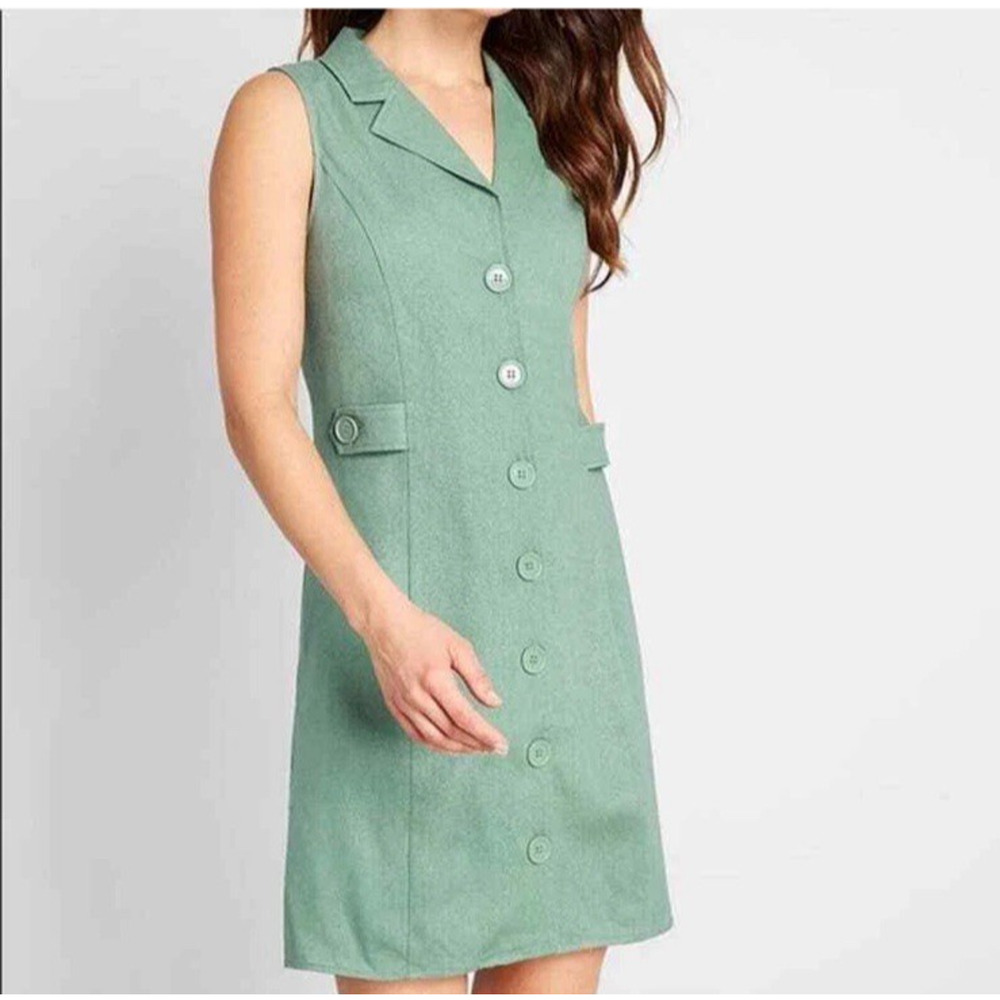 ModCloth Sleeveless Linen Blend Shirt Dress Green Women 10 Preppy Country Club